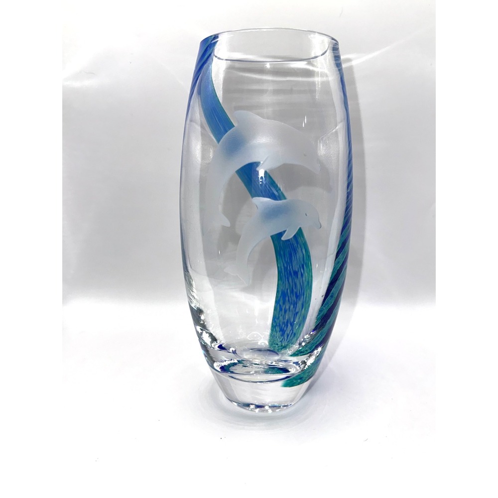 Lenox Art‎ Glass Dolphin Vase Blue Green Swirl Etched Scotland Crystal 7 inch